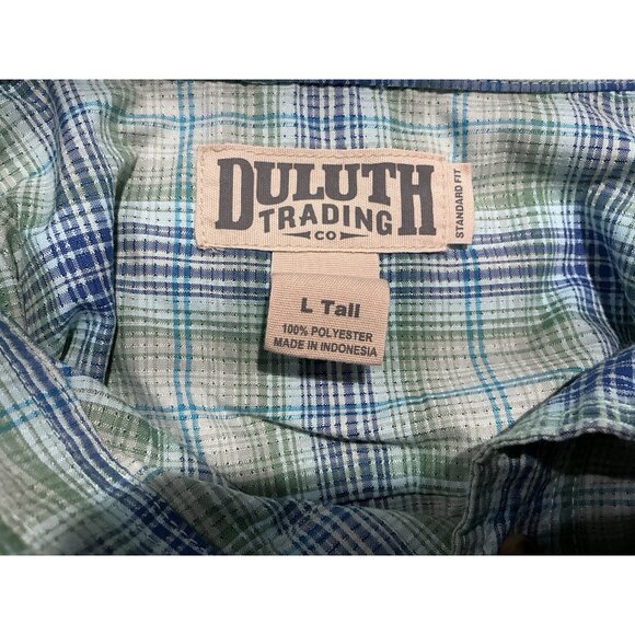 Duluth Trading Button Down Large Tall Short Sleeve Green Blue Plaid - Picture 6 of 8